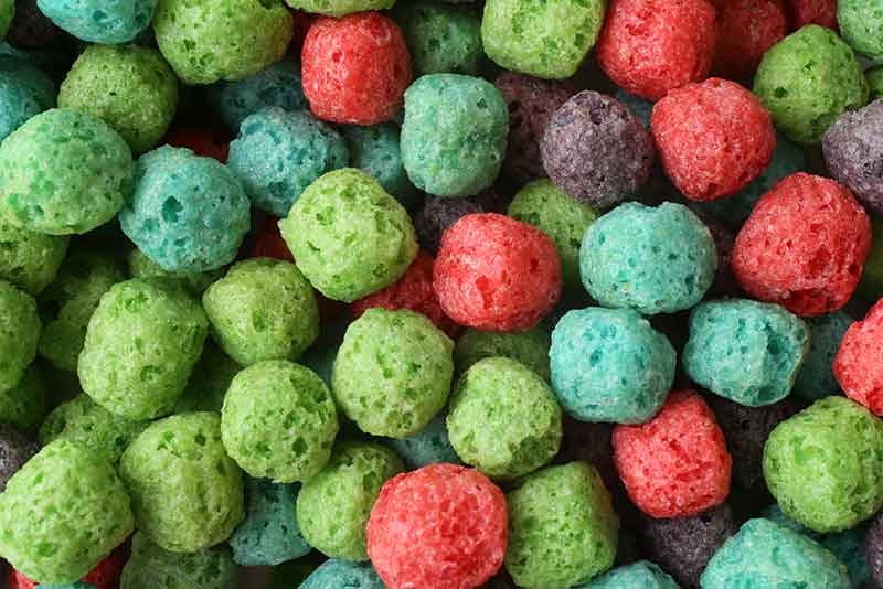 Close-up of colorful breakfast cereal