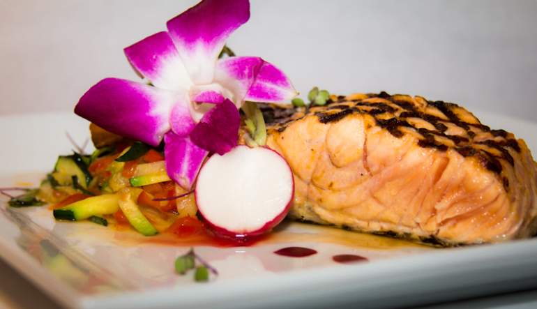 Oven Roasted Salmon with Red Beet Beurre Blanc and Miso Sauce