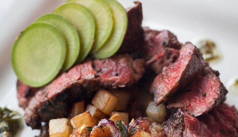 Marinated Hanger Steak with Chimichurri Sauce and Bacon, Potato and Vegetable Hash