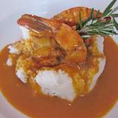 BBQ Shrimp with Vermont Cheddar Grits and Chorizo Sausage