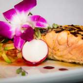 Oven Roasted Salmon with Red Beet Beurre Blanc and Miso Sauce
