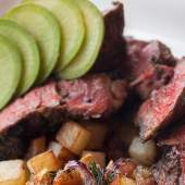 Marinated Hanger Steak with Chimichurri Sauce and Bacon, Potato and Vegetable Hash