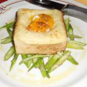 Truffle egg toast, fontina and asparagus