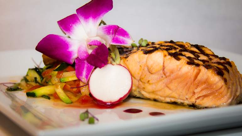 Oven Roasted Salmon with Red Beet Beurre Blanc and Miso Sauce