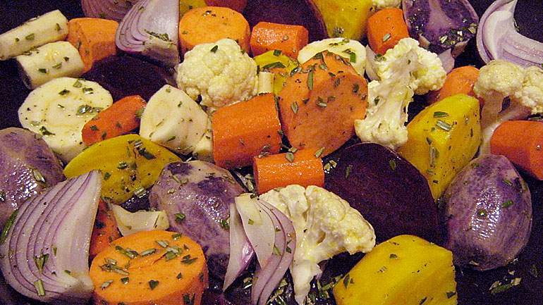 Roasted Vegetable, Hearts of Palm and Carrot Mousse Terrine with Carmelized Popcorn Coulis