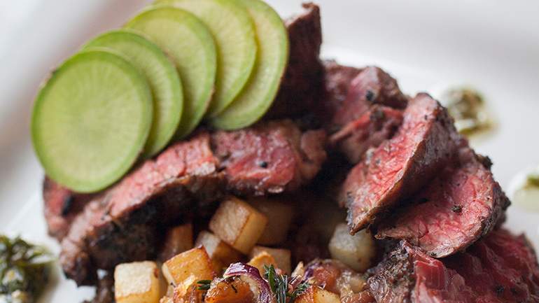 Marinated Hanger Steak with Chimichurri Sauce and Bacon, Potato and Vegetable Hash