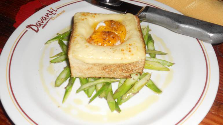 Truffle egg toast, fontina and asparagus